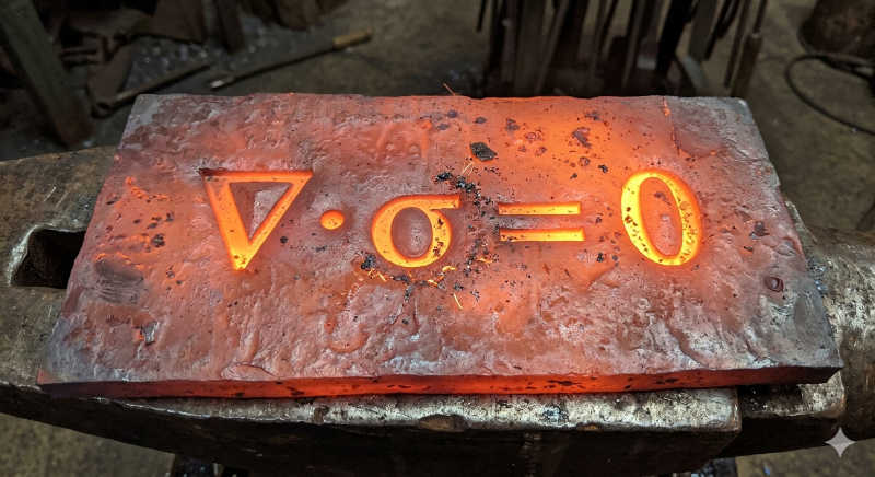 The equation for force balance, stamped into a hot metal sheet.  Generated by Gemini Nano Banana 2.